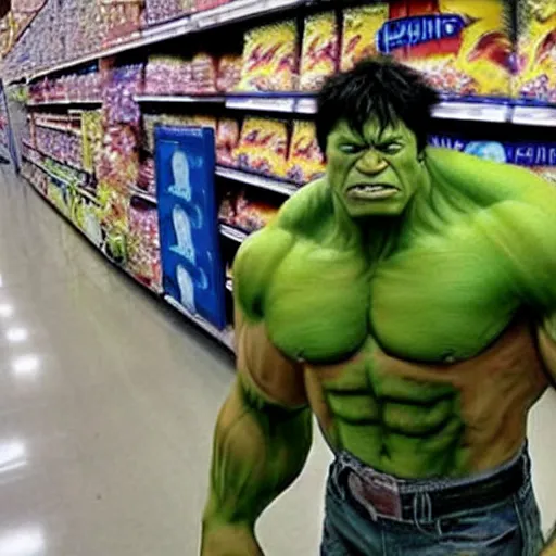 Image similar to the incredible hulk shoping at walmart