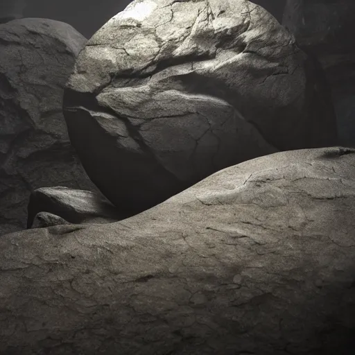 Image similar to a large boulder rock with a metallic finish is embedded in a circular matte black industsrial stage in the center of a dark space, a ring of overhead lights cast onto the rock and it throws caustic reflections into space, low misty atmosphere, hyper realistic image in the style of jeremy geddes but photo real, dark black space, 8k octane render