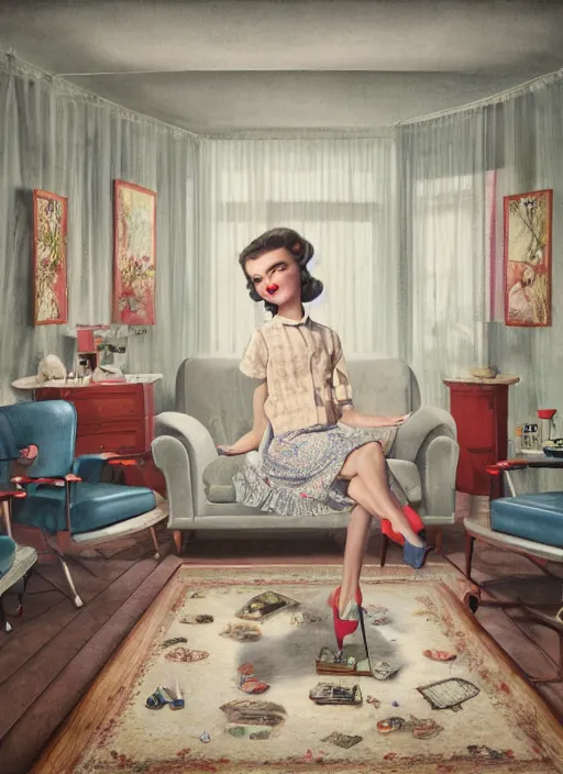 Prompt: wide - angle portrait of a retro 1 9 5 0 s living room, depth of field, zeiss lens, detailed, symmetrical, centered, fashion photoshoot, by nicoletta ceccoli, mark ryden, lostfish, breathtaking, 8 k resolution, extremely detailed, beautiful, establishing shot, artistic, hyperrealistic, octane render