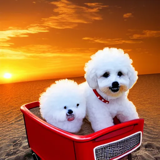 Prompt: a photorealistic photograph of a smiling white Bichon Frisé puppy riding in red wagon, overflowing french fries during sunset at the beach Trending on Artstation, featured on Behance, well-rendered, Unreal Engine, 4K HD