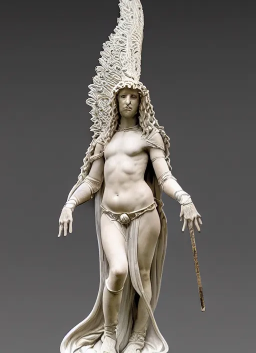 Image similar to medieval female guardian, elegant, filigree renaissance sculpture from marble and fur, brilliant symmetry, created by verrocchio andrea, leonardo da vinci, sandro botticelli, raffaelle monti, epic 7 0 mm lens shot, artstation trending, photorealism, sharp focus, smooth, establishing shot, sense of awe