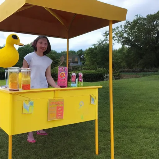 Image similar to a yellow human sized duck standing next to a children's lemonade stand