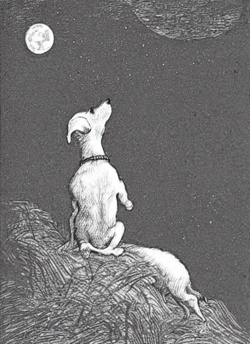 Image similar to candid portrait of jack russel dog howling at the moon, from behind, night sky, highly detailed, illustrated by peggy fortnum and beatrix potter and sir john tenniel