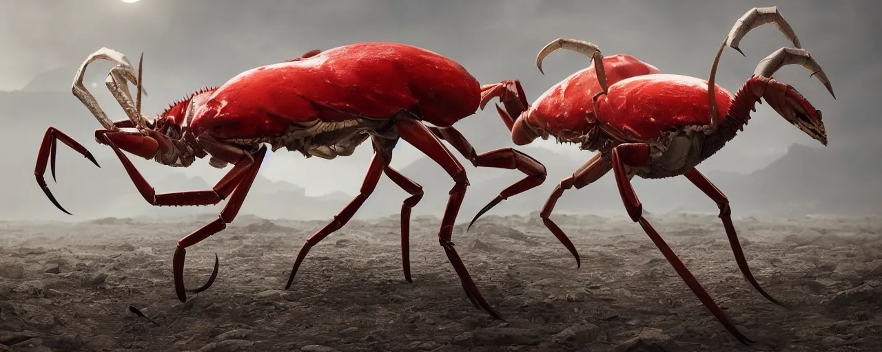 Image similar to creature design, an oryx gazelle with red crustacean carapace, fiddler crab claws, palp eyes, cryptid, cinematic lighting, octane render, cinematic aura lighting, atmospheric, photorealistic, hyperdetailed 3 d matte painting, hyperrealism, hyperrealistic