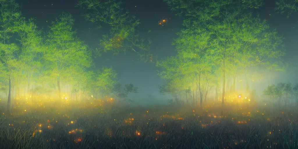 Image similar to a beautiful painting of thousands of fireflies glow in the forests, chinese ancient architecture, lake, underwater photography, quiet ， trending on artstation, 8 k, light effcet,, rtx on, breath of the wild, beeple and studio ghibli style ， ultrawide shot ， cinematic light