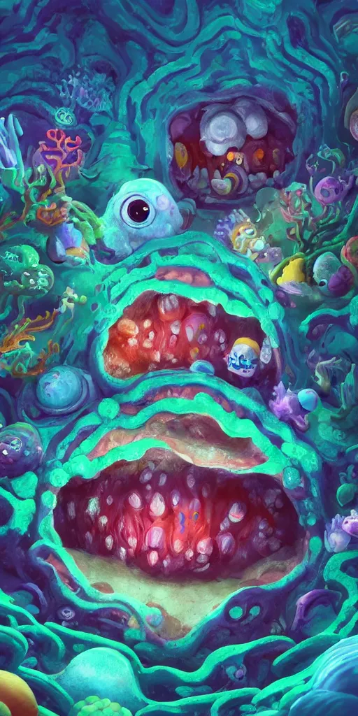 Image similar to of a colorful deep sea cave with strange cute friendly happy creatures with huge eyes, mouth, long tongue and round teeth appearing from sandy coral, in the style of gehry and gaudi, macro lens, shallow depth of field, ultra detailed, digital painting, trending artstation, concept art, illustration, cinematic lighting, photorealism, epic, octane render