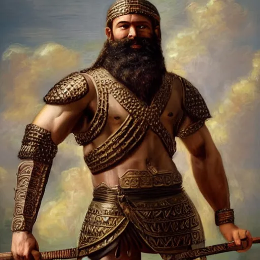 Prompt: ancient Mesopotamian warrior, thick braided beard, intricate bronze armour, very muscly, dark skin, strongman, big smile. holding a bow. Full body dynamic action pose. Oil painting. masterwork.