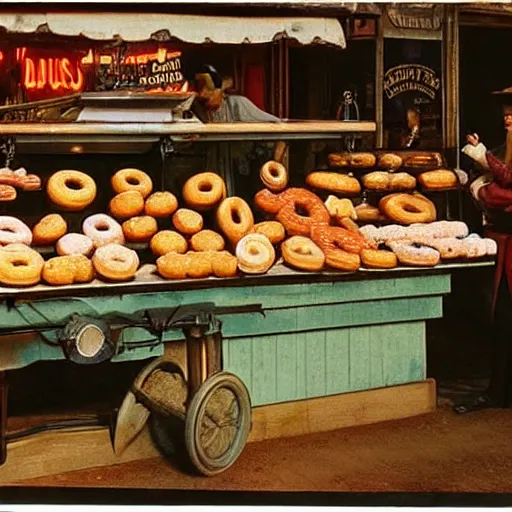 Prompt: Donuts on display at a USA western saloon in the 1800s, robot barkeep, muted cyberpunk style, tranquil, busy but lonely, atmospheric, hazy, sweltering, autochrome, 8k, reflections, style of Leonid Afremov