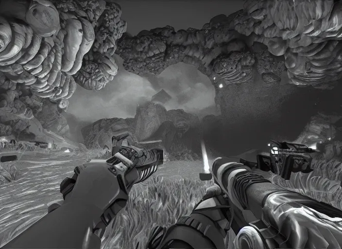Prompt: deep rock galactic as a black and white etching, video game, cavern