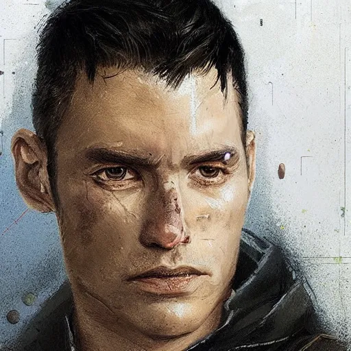 Image similar to portrait of a man by Greg Rutkowski, he is about 30 years old, he has short black hair in military-style, a straight jaw, he has a scar above one eyebrow, he wears Galactic Alliance military fatigues, Star Wars Expanded Universe, highly detailed portrait, digital painting, artstation, concept art, smooth, sharp foccus ilustration, Artstation HQ