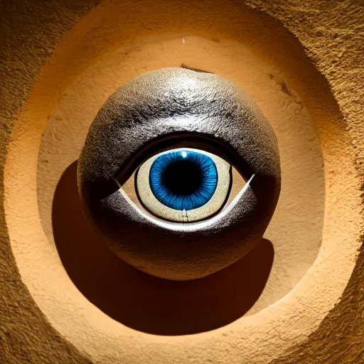 Image similar to medium - shot museum photo of sculpture of an ancient stone eye, almond shape, the white limestone sclera, the black stone pupil, greece, rome, studio lighting, professional, promo,