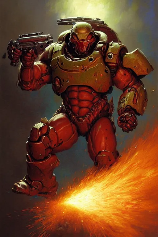 Prompt: doom marine fighting a can of baked beans portrait dnd, painting by gaston bussiere, craig mullins, greg rutkowski, yoji shinkawa