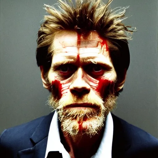 Prompt: portrait of willem dafoe, medium shot. by hermann nitsch and hermann nitsch.