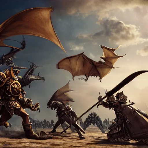 Image similar to warriors on wyverns with steampunk armor flying in a street, warm lighting, destroyed OulanBator, sand, postapocalyptic, photorealism 8k , high details, neat