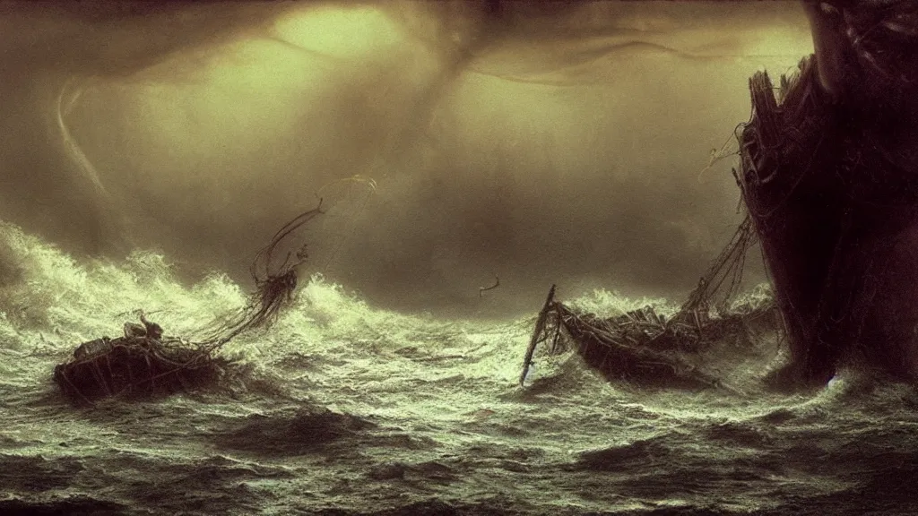 Image similar to a huge monster of the deep emerges out of the crashing waves to attack a small fishing boat, tentacles, Beksiński, Achenbach, horror, cinematic lighting, Technicolor, global illumination