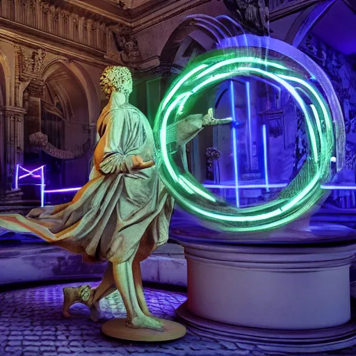 Image similar to a renaissance statue containing neon ring art, ray tracing, 3 d render, 8 k resolution, shar focus, hyper detailed, hyper realistic