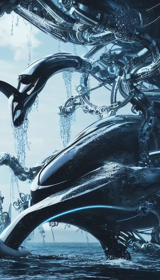 Prompt: summoning a beautiful biomechanical orca spirit from the ocean, organic and robotic, made up of many bits of metal, skin, and plastic, shiny, metallic, cyberpunk, post apocalyptic, hyper realistic, epic angle, octane render unreal engine render, 8k, super detailed, SLEEK!!!