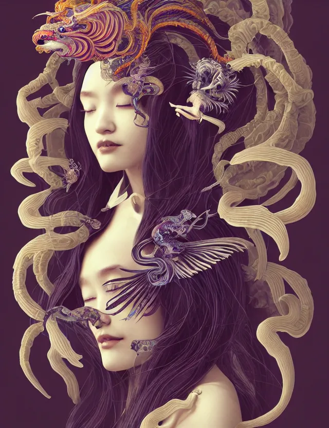 Image similar to 3 d goddess half - turn portrait with long hair with ram skull. beautiful intricately detailed japanese crow kitsune mask and clasical japanese kimono. betta fish, jellyfish phoenix, bio luminescent, plasma, ice, water, wind, creature, artwork by tooth wu and wlop and beeple and greg rutkowski