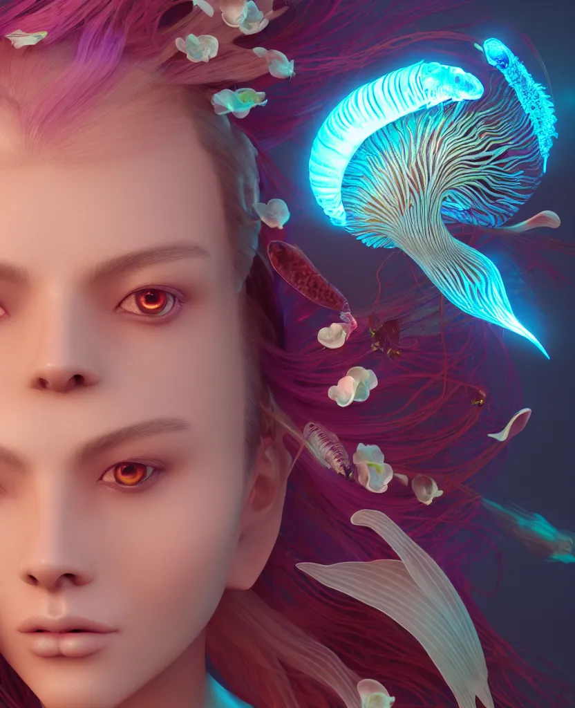 Image similar to goddess close-up portrait. jellyfish phoenix head, nautilus, orchid, skull, betta fish, bioluminiscent creatures, intricate artwork by Tooth Wu and wlop and beeple. octane render, trending on artstation, greg rutkowski very coherent symmetrical artwork. cinematic, hyper realism, high detail, octane render, 8k