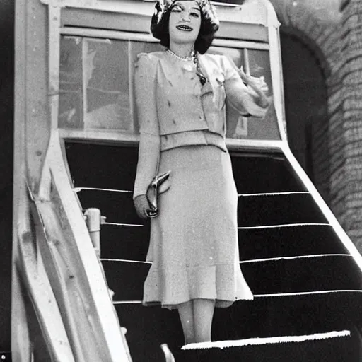 Prompt: a vintage historical fantasy 1 9 3 0 s kodachrome slide german and eastern european mix of the queen of winter and rain is pictured attending a royal tour. she is shown descending a staircase from a luxurious plane, waving to the crowd below. she is donning a pencil skirt and peplum jacket in a yellow and green skirt suit.