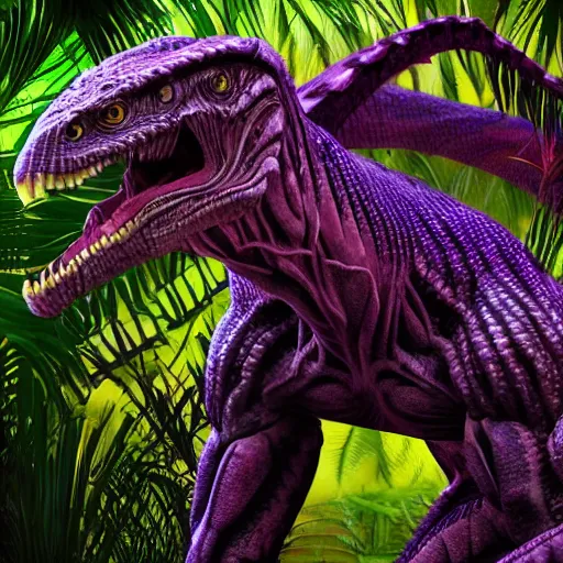 Image similar to stunning reptilian raptor-like alien creature, dark and mysterious, stopped in time, atmospheric, alien jungle, purple floral eerie, cinematic, Epic, 8k, 4k, ultra detail, ultra realistic, rendered by awesomeness