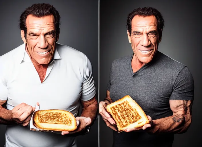 Prompt: studio portrait photo still of robert davi!!!!!!!! at age 5 3 years old 5 3 years of age!!!!!!! holding a grilled cheese, 8 k, 8 5 mm f 1. 8, studio lighting, rim light, right side key light