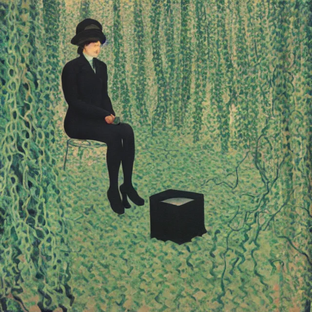 Image similar to a pathology student in her apartment, wrapped in vines, large stones, pig, black walls, black armchair, puddles, moss, acrylic on canvas, surrealist, by magritte and monet