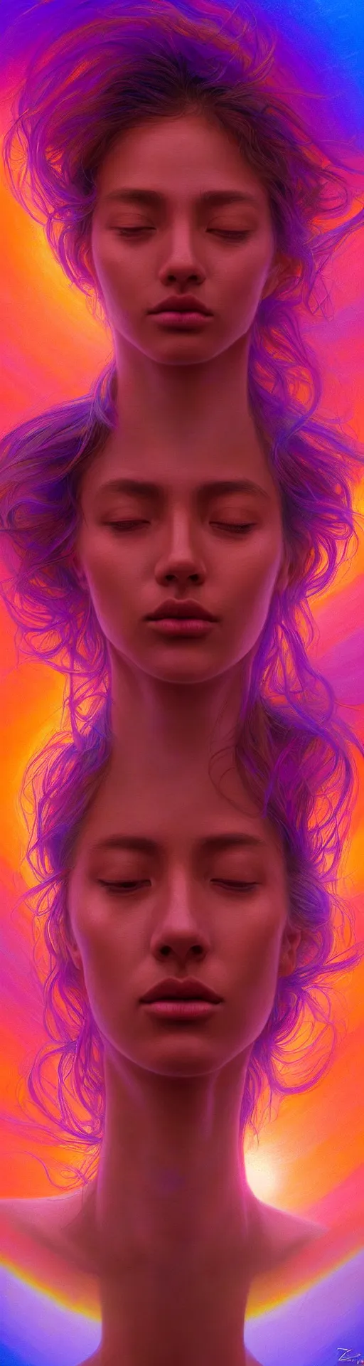 Image similar to hyperrealistic close-up psychedelic portrait of pretty girl! peaceful aura and soul of heaven highly detailed concept art eric zener elson peter, Leng Jun, DMT, epic cinematography, rainbow golden ratio, lighting high angle hd 8k sharp shallow depth of field, inspired by Zdzisław Beksiński and Pablo amaringo