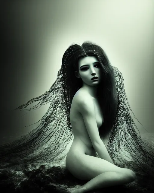 Image similar to surreal mythical dreamy dark artistic black and white fine art photo of a beautiful young female angel - mermaid - cyborg covered with translucent algae lace web, rim light, cinematic, studio dramatic light, poetic, octane render, 8 k, photo - realistic, by floria sigismondi