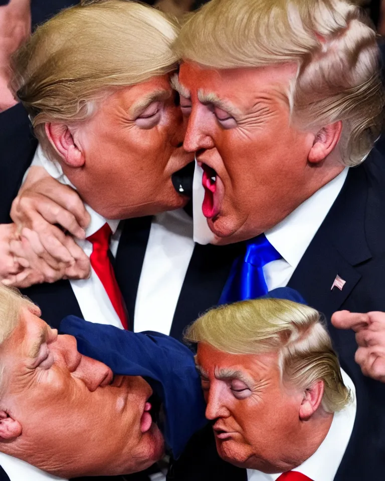 Image similar to high quality photo of donald trump kissing donald trump. donald trump kissing donald trump. donald trump kissing donald trump. donald trump and donald trump kissing. award winning. hq. hd. brilliant. funny