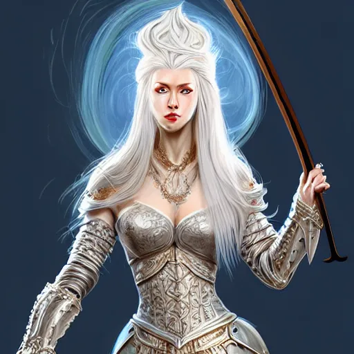 Prompt: full body painting of a woman with flowing luscious glowing white hair standing whilst holding a sword, wearing intricate plate - armor and leather underneath. intricate, elegant, highly detailed, digital painting, artstation, concept art, smooth, sharp focus, illustration, by terry wei, qiu fang, tooth wu, kan liu, siwoo kim, jisu choe