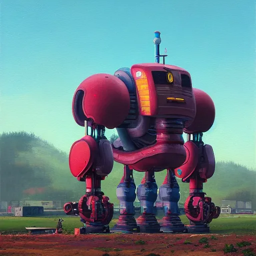 Image similar to an intricate oil painting of a giant anime robot with rounded and circular parts by simon stalenhag