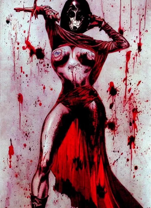 Image similar to portrait of bald iranian vampiress, strong line, saturated color, beautiful! coherent! by frank frazetta, high contrast, blood splatter background