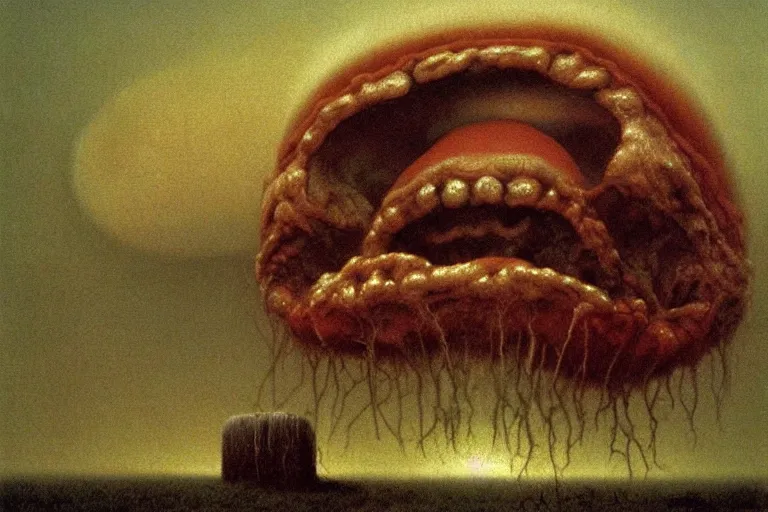 Image similar to zdzislaw beksinski painting of hamburger screaming