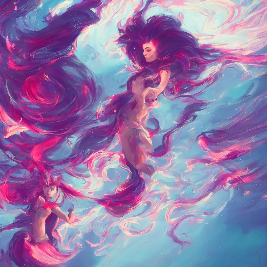 Image similar to a colorful and provenance illustrations painting of the fantasy female flying floral wing, highly detailed, her hair made of hair made of air wind and curling smoke, mist, dust, genie, spirit fantasy concept art, art by aenami, alena, afshar, petros and leonid, trending on artstation.