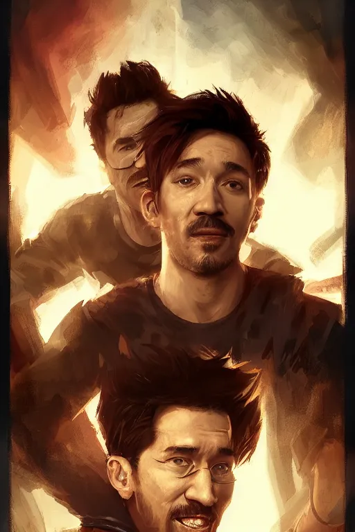 Image similar to a portrait of the YouTuber jacksepticeye Vs Markiplier by Greg Rutkowski, Sung Choi, Mitchell Mohrhauser, Maciej Kuciara, Johnson Ting, Maxim Verehin, Peter Konig, final fantasy , 8k photorealistic, cinematic lighting, HD, high details, atmospheric , trending on artstation