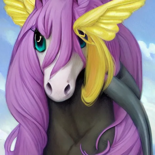 Image similar to portrait of a menacing beautiful Fluttershy, pegasus mare, short muzzle, top half of body, My Little Pony, by Stanley Artgerm Lau , greg rutkowski, thomas kindkade, alphonse mucha, loish, norman rockwell, J. C. Leyendecker. bright pink mane, yellow fur, angry complexion, beautiful detailed eyes, black rose frame. D&D, fantasy. Trending on artstation rule of thirds extremely detailed old illustration hd 4k