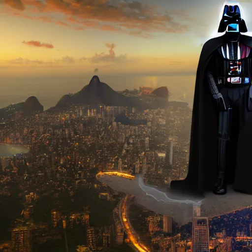 Image similar to a highly detailed picture of, the darth vader as the christo redentor dabbing over rio de janeiro and shouting poggers, ultrawide lens, art by john collier and albert aublet and krenz cushart and artem demura and alphonse mucha, volumetric lighting, octane render, 4 k resolution, trending on artstation, masterpiece