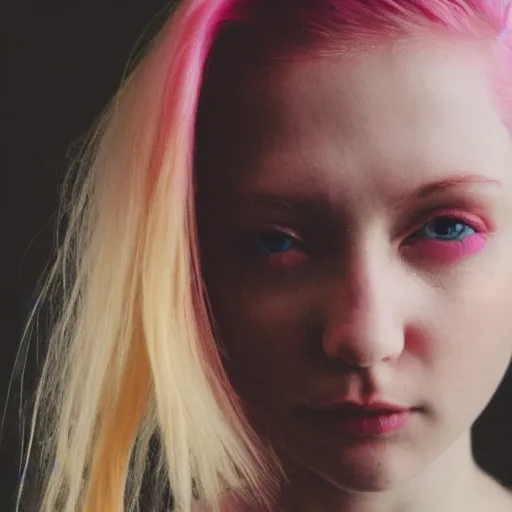 Prompt: a pale girl with pink hair and yellow eyes, soft facial features, looking directly at the camera, neutral expression, instagram picture