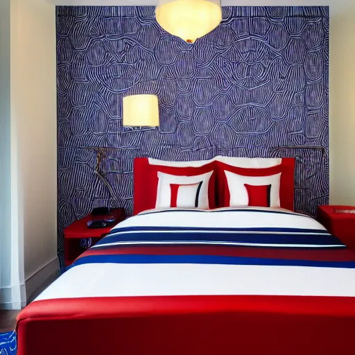 Prompt: designer photography of hotel room themed to spider - man motif. bed has spider - man blankets. wall has spider - man pattern. furniture has spider - man motif. furniture is shaped like spider - man furniture. carpet has spider - man motif. lighting has spider - man film shapes