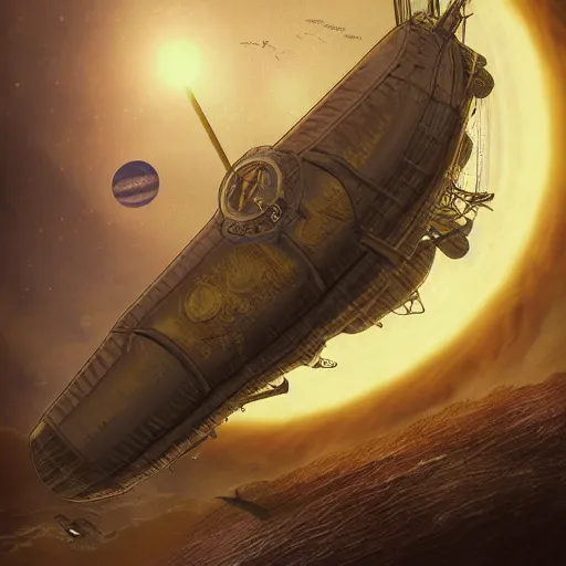 Prompt: A steampunk airship floating in front of a gas giant, by Kevin J. Anderson and Paul Witcover and William F. Wu and James Blish and Cory Doctorow and Neal Stephenson and Jules Verne and Mary Shelley, sharp focus, elegant, highly detailed, intricate, steampunk, beautiful, trending artstation, pixiv, digital art, golden ratio, very detailed