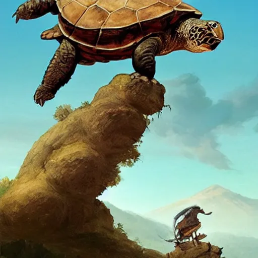 Prompt: The tallest mountain was topped by a cat riding a gigantic turtle, and there was another cat riding a large turtle atop the mountain. By Greg Rutkowski