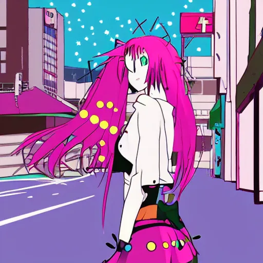 Prompt: anime girl with eccentric clothes, long spiky pink hair, cel - shading, 2 0 0 1 anime, flcl, jet set radio future, night time, entertainment district, colorful buildings, lines of lights, christmas lights, rollerskaters, cel - shaded, jsrf, strong shadows, vivid hues, y 2 k aesthetic