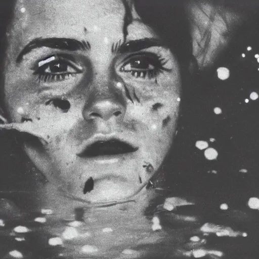 Image similar to film still, close up, emma watson rising out of muddy vietnam river, face covered in mud, combat helmet, low camera angle at water level, night time, film still from apocalypse now ( 1 9 7 9 ), 2 6 mm polaroid polaroid polaroid polaroid polaroid expired expired expired,