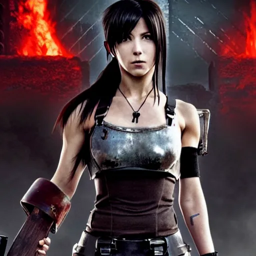Prompt: promotional image of Tifa Lockhart as War Priestess in the new movie directed by Tetsuya Nomura, heavily armored and brandishing shillelagh, perfect face, movie still frame, promotional image, imax 70 mm footage