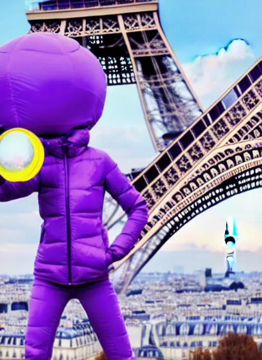 Prompt: purple alien wearing white puffer jacket, in paris, they hold a model ufo, anime frame, beautiful composition,