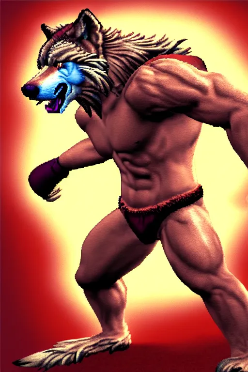 Prompt: extreme long shot. 8 bit nes graphics. antropomorphic muscular masculine wolf. kickboxer fighter, ( in shorts ). wolf head. furr on body. art from nes game cartridge. 4 k, unreal engine