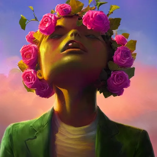 Image similar to closeup, giant rose flower head, frontal, girl in a suit, surreal photography, sunrise, dramatic light, impressionist painting, digital painting, artstation, simon stalenhag