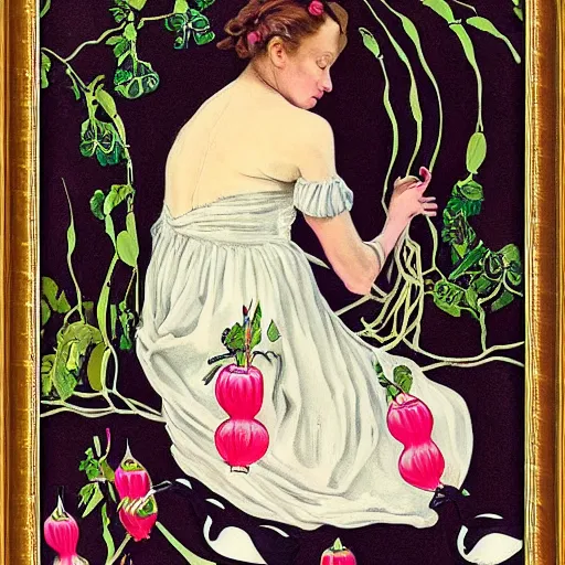 Prompt: tattoo of a prim but vulnerable victorian woman in black dress with strap hanging off one shoulder in a frame of radishes, flamingoes, and cats, in the style of john singer sargent