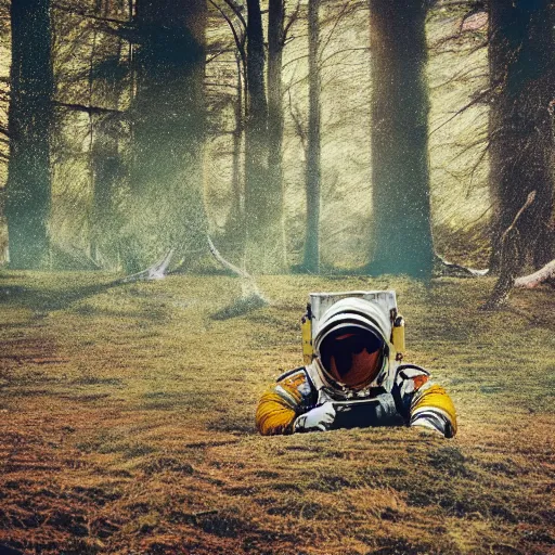Prompt: astronaut lying on forest, photorealistic